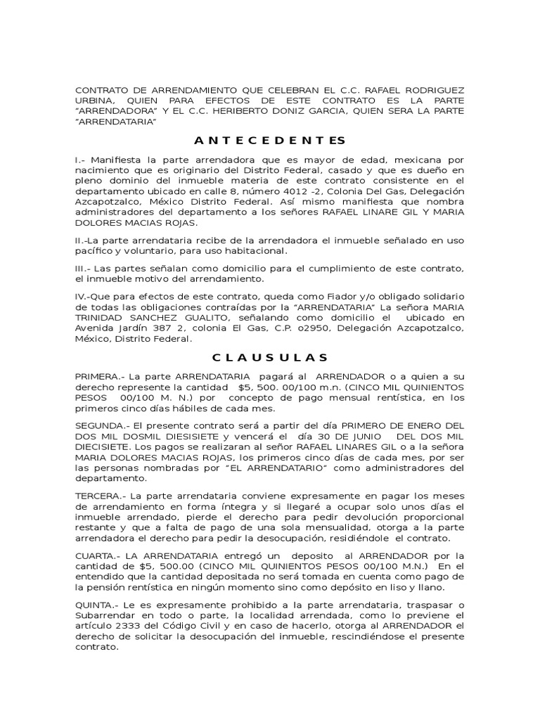 Ejemplo Contrato de Arrendamiento PDF Ciudad de México México