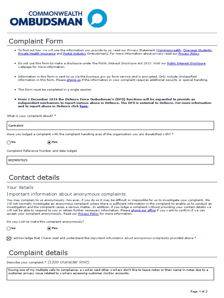 Centrelink Complaint Submission Guide | PDF | Privacy | National Security