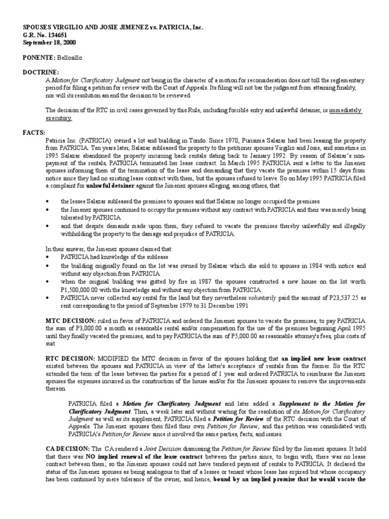 Spouses Jimenez v. Patricia Inc | PDF | Lease | Eviction