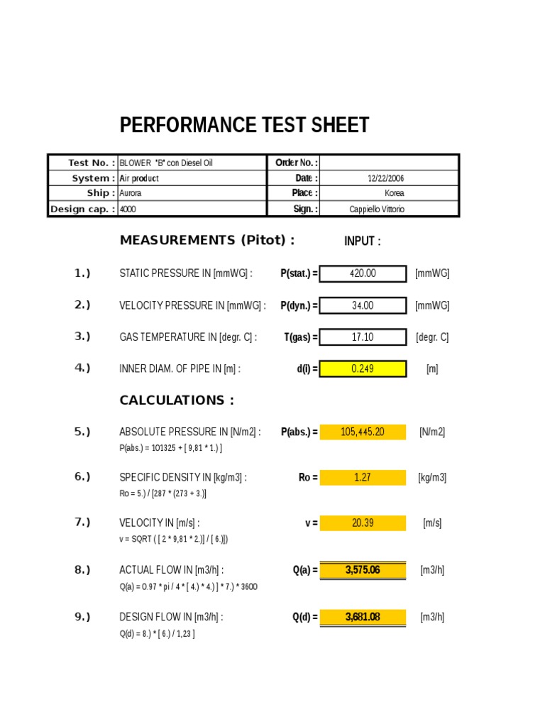 Performance Test Sheet: Measurements (Pitot) : Input | PDF