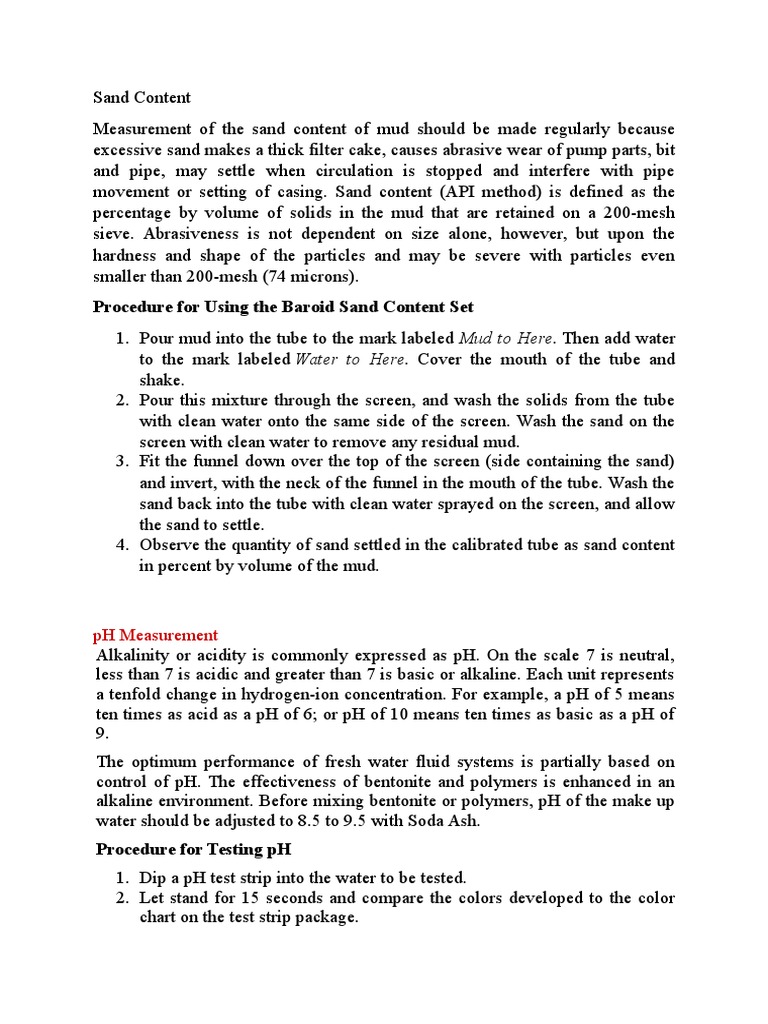 Sand Content and pH Measurement in Drilling | PDF