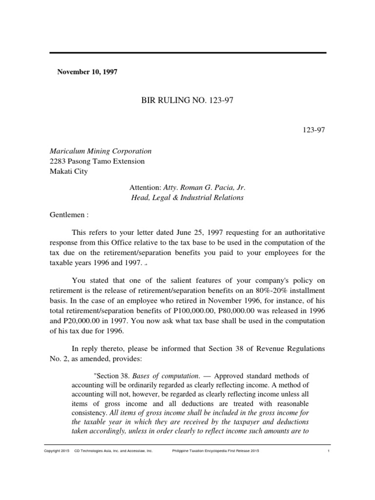 BIR Ruling 123-97 on Retirement Pay | PDF | Gross Income | Tax Deduction