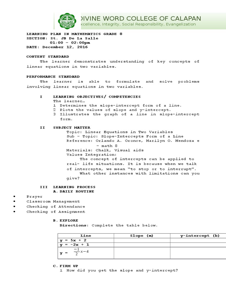 Grade 8 Math Learning Plan: Linear Equations | PDF | Mathematical ...