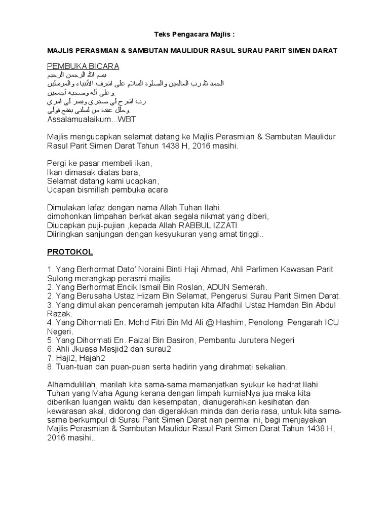 Teks Ucapan Pengacara Majlis Maulidur Rasul