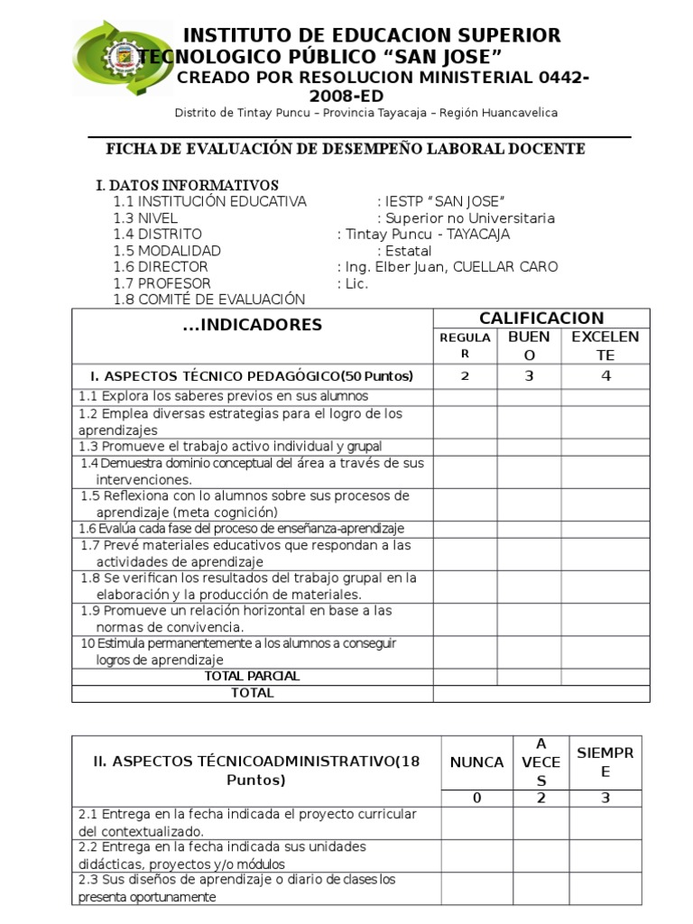 Ficha de Evaluación de Desempeño Laboral Docente Maestros Evaluación