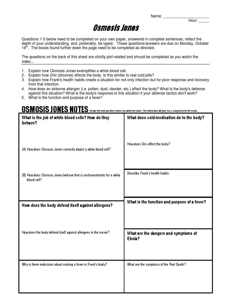 Osmosis Jones Video Questions WS  PDF  Medical Specialties In Osmosis Jones Video Worksheet Answers