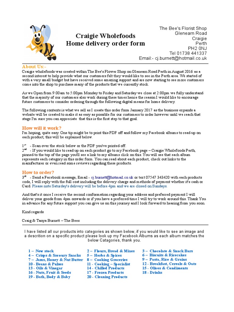 Home Delivery Order Form - Craigie Wholefoods | PDF | Curry | Drink
