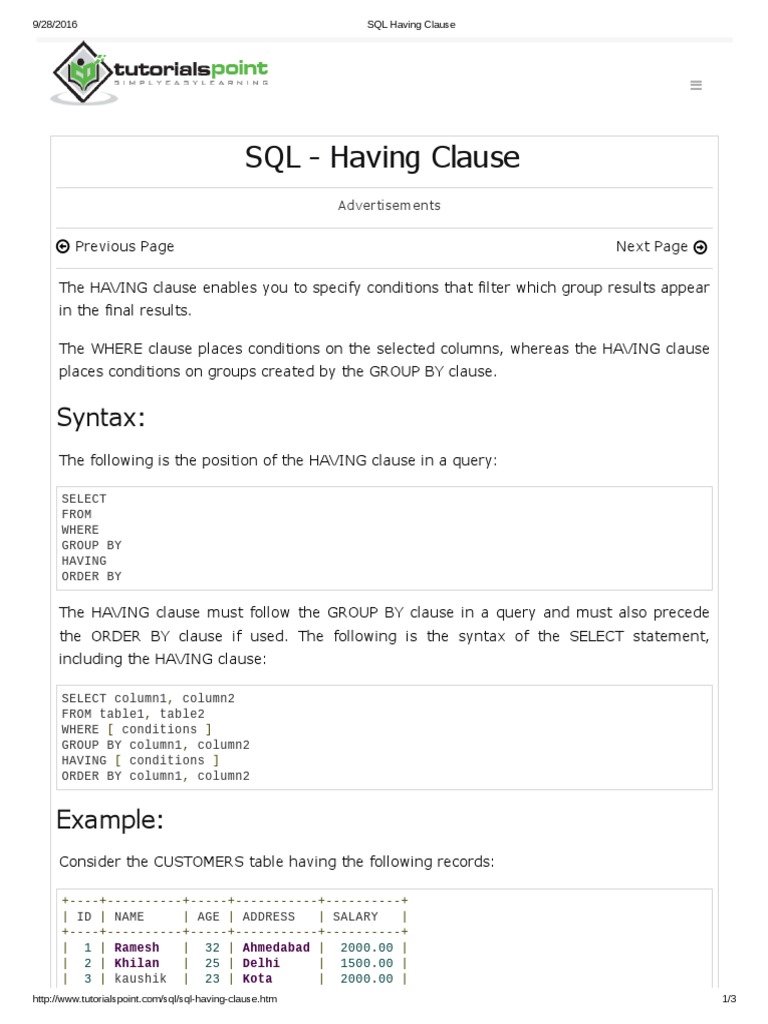 4.1 The Having Clause | PDF