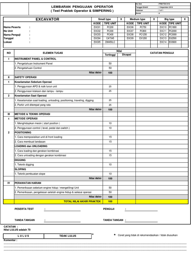 Tes Operator Excavator dan Penilaian | PDF