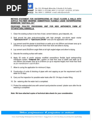 Method Statement For Waterproofing Of Toilets Plaster Mortar