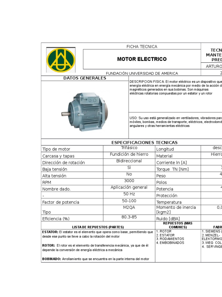 Ficha Tecnica, Motor Electrico Motor eléctrico