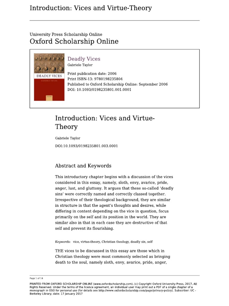Introduction Vices And Virtuetheory Oxford Scholarship - 