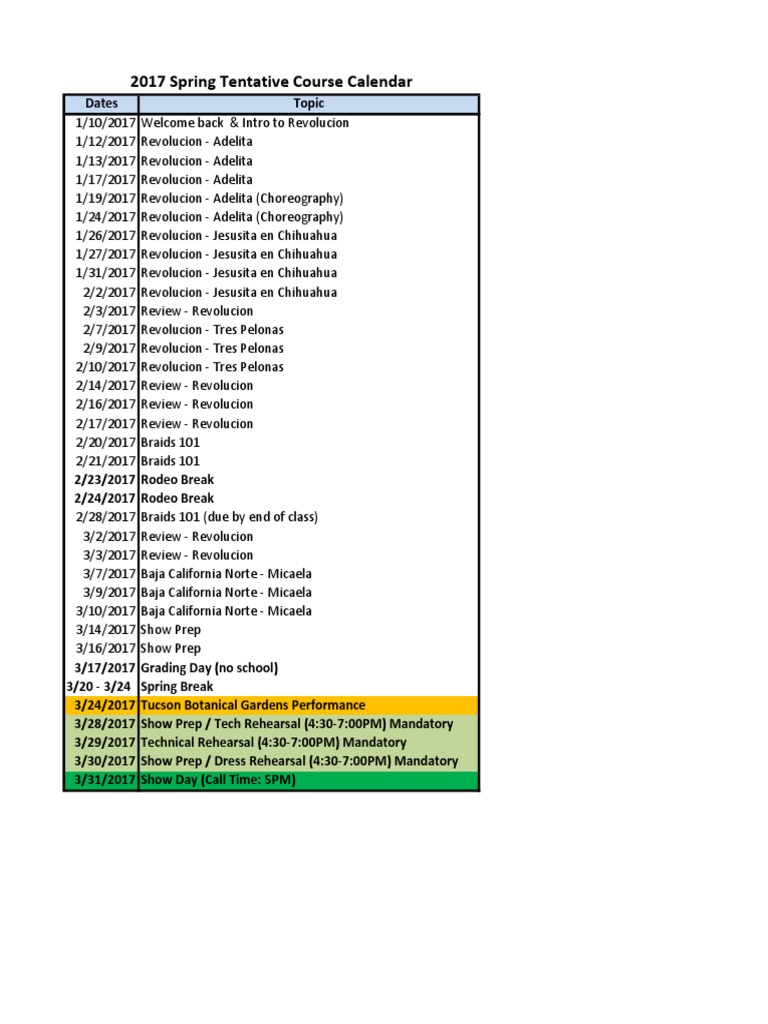 2017 Spring Course Calendar Overview | PDF