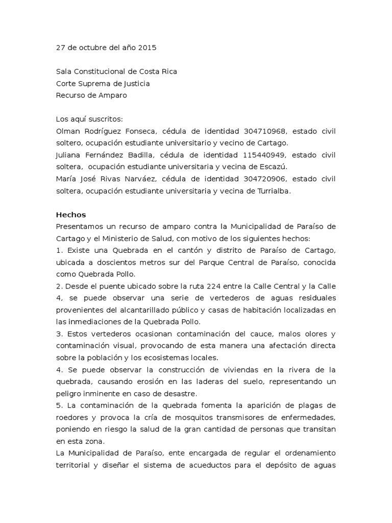 Recurso de Amparo | Descargar gratis PDF | Costa Rica | Contaminación