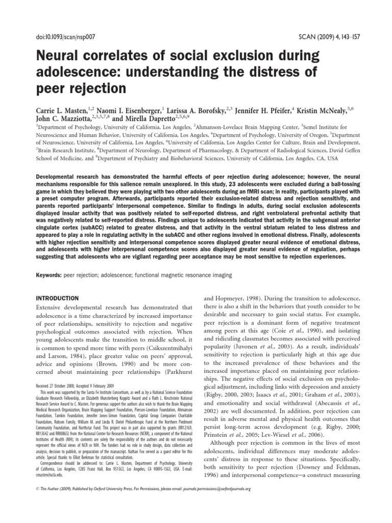 Neural Correlates of Social Exclusion During Adolescence: Understanding ...