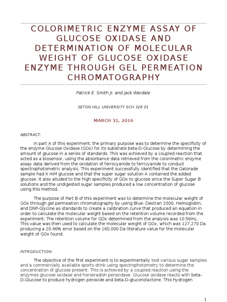 Glucose Oxidase Lab Report Final PDF Polyacrylamide Gel