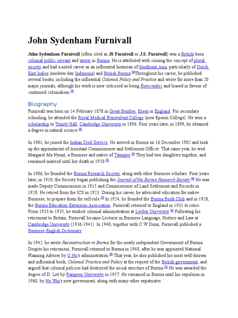John Sydenham Furnivall Pdf Politics General Government