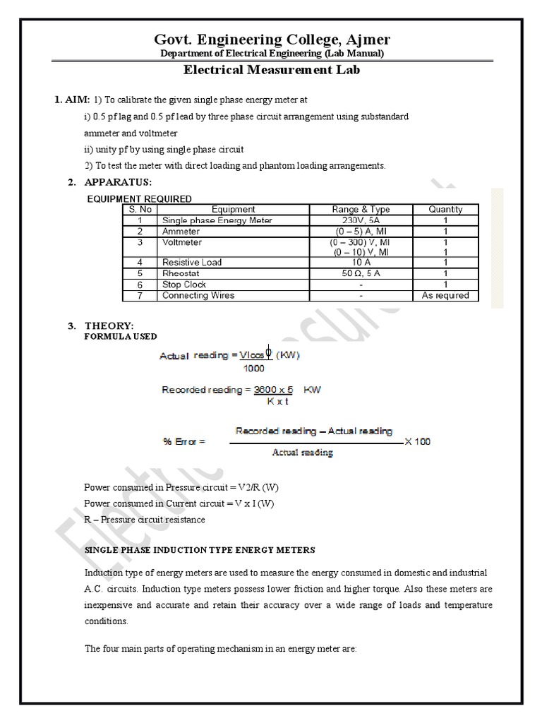 Calibration of Single Phase Energy Meter | PDF | Electric Current | Voltage