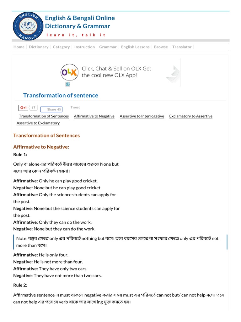 Transformation Of Sentences Affirmative To Negative English