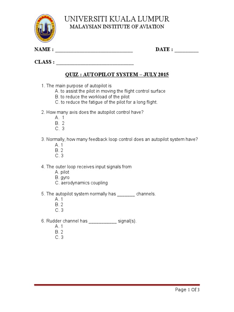 Quiz 1 Autopilot July2015 | PDF | Aircraft Flight Control System ...