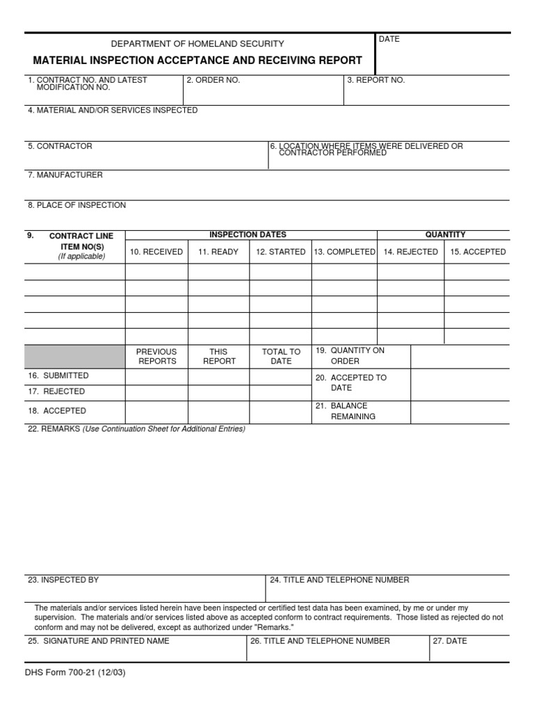 DHS Material Inspection Report | PDF
