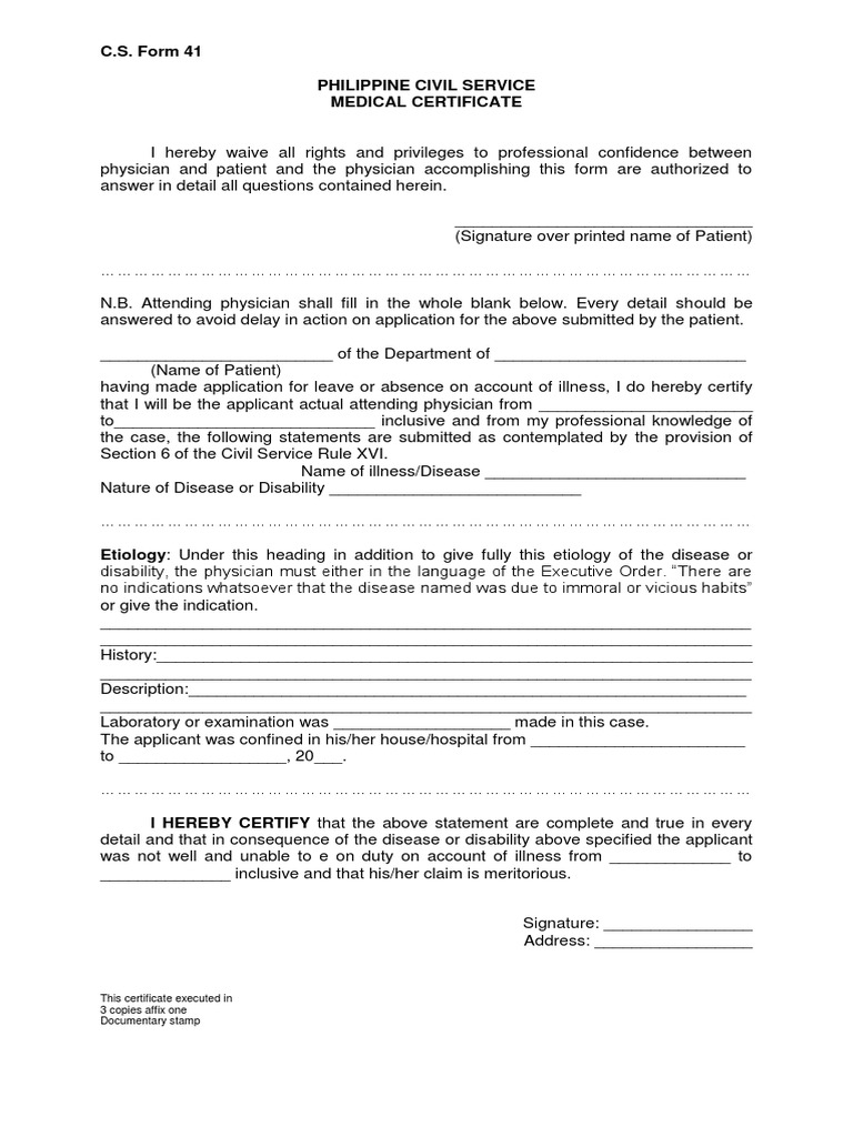 C.S. Form 41 Philippine Civil Service Medical Certificate