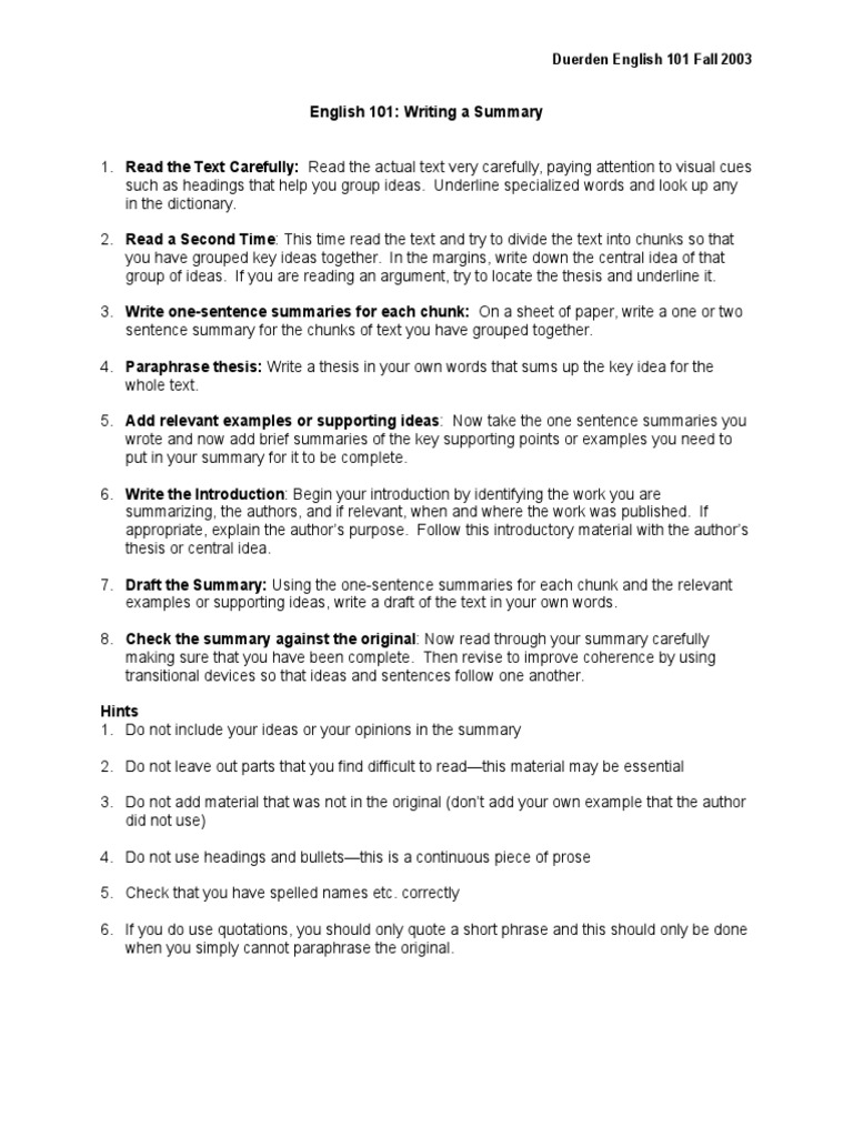 English 101 Summary Writing Guide | PDF