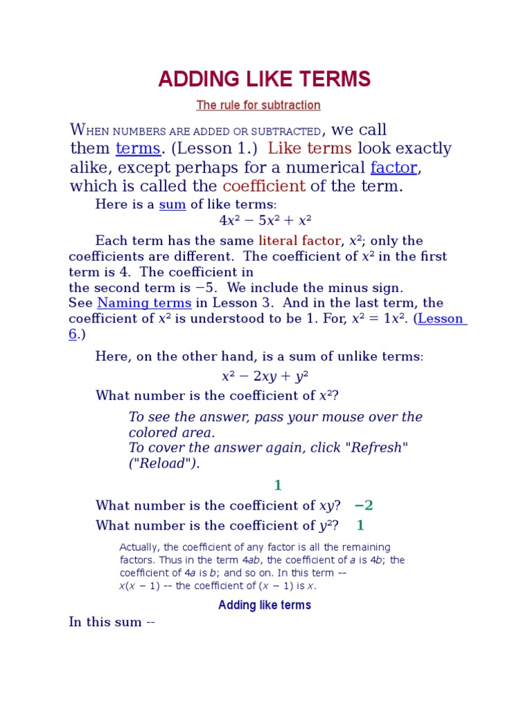 Adding Like Terms | PDF | Subtraction | Mathematical Objects