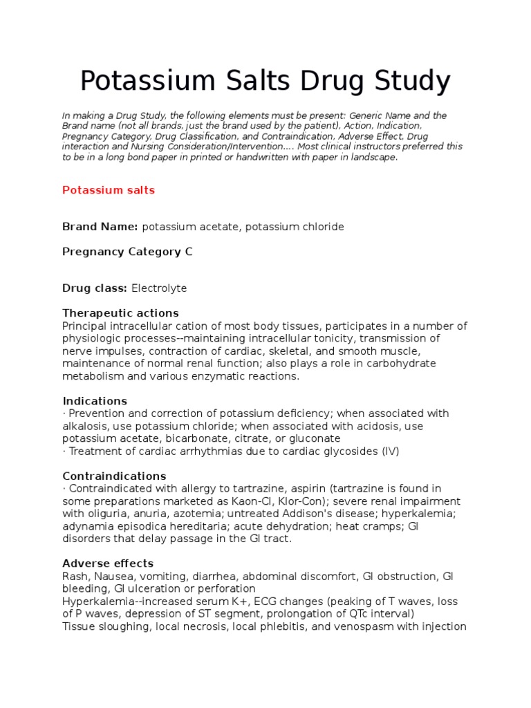 A Comprehensive Drug Study of Potassium Salts Therapeutic Actions
