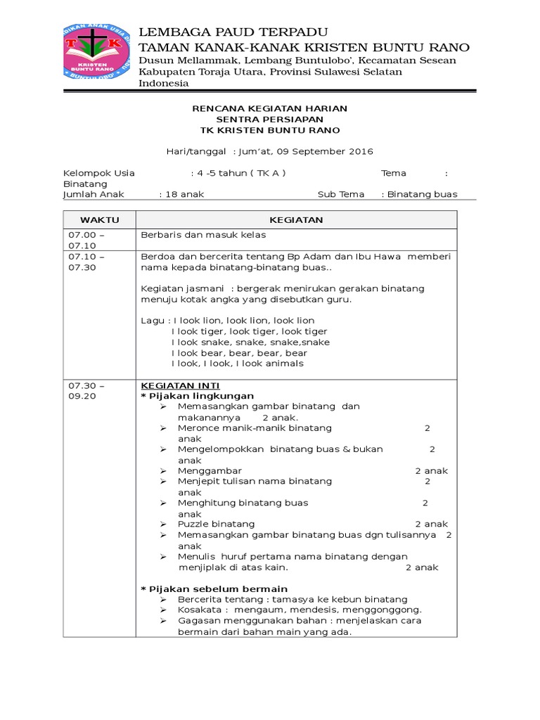 RPPH Sentra Persiapan TK Kristen | PDF