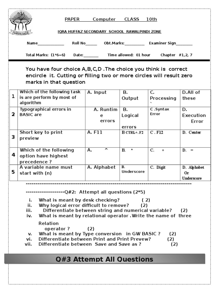 Q#3 Attempt All Questions: Paper Computer Class 10Th | PDF