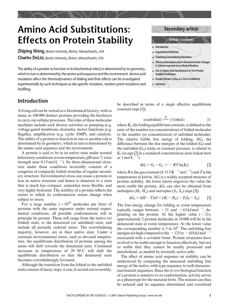 ELS Amino Acid Substitutions Effects On Prot Stability | PDF | Protein ...