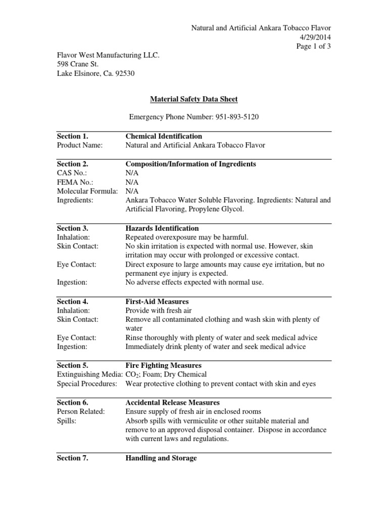 Ankara Tobacco Flavor Safety Data Sheet | PDF | Occupational Safety And  Health