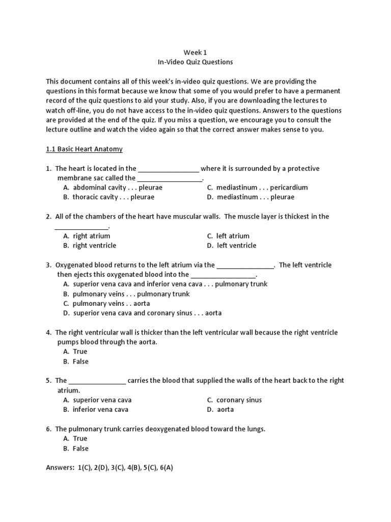 Week 1 Heart Anatomy Quiz Questions | PDF | Heart Valve | Ventricle (Heart)