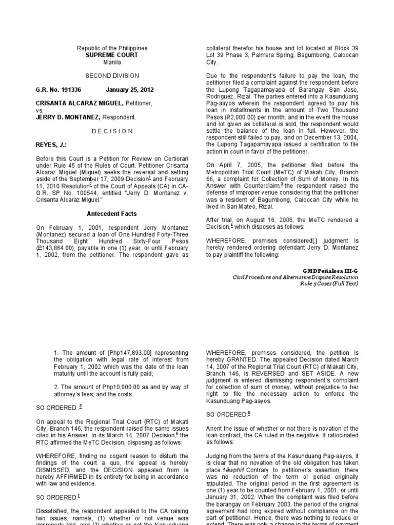 Civil Procedure: Loan Dispute Ruling | PDF | Rescission | Evidence