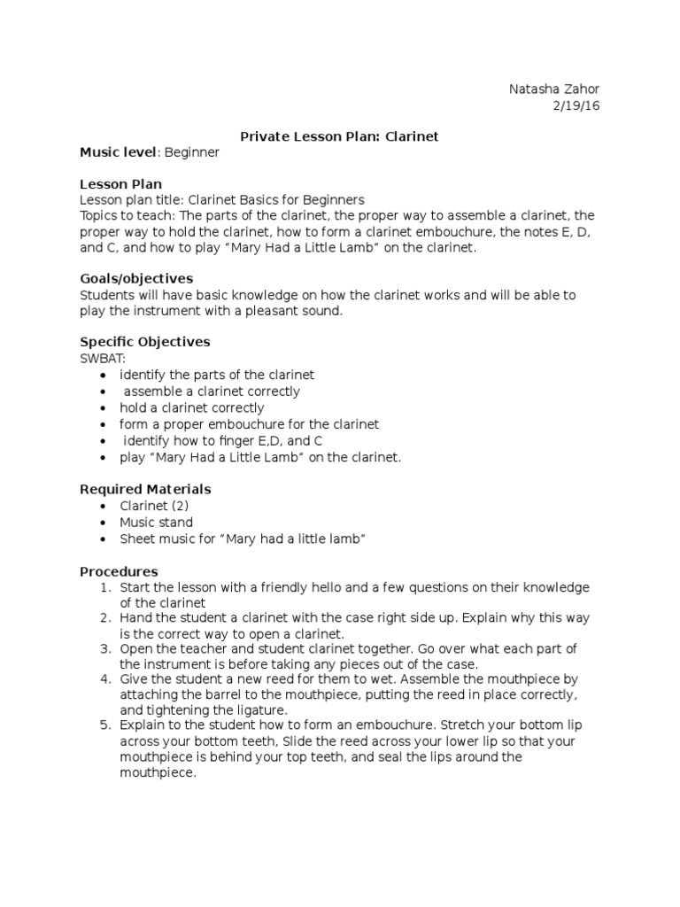 Clarinet Lesson Plan Clarinet Musical Instruments