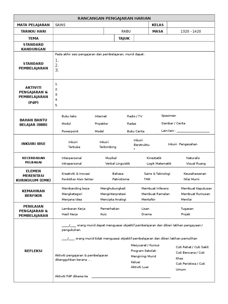 Borang RPH Sains Kosong | PDF
