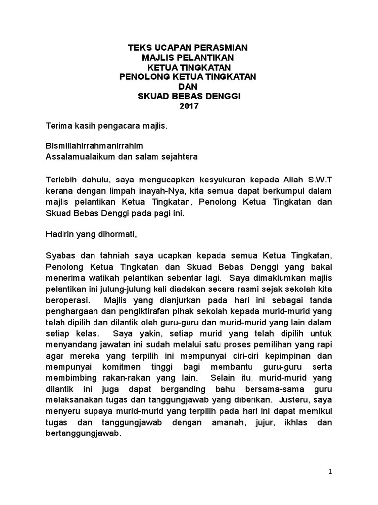 Teks Ucapan Pengetua Pelantikan Ketua Tingkatan