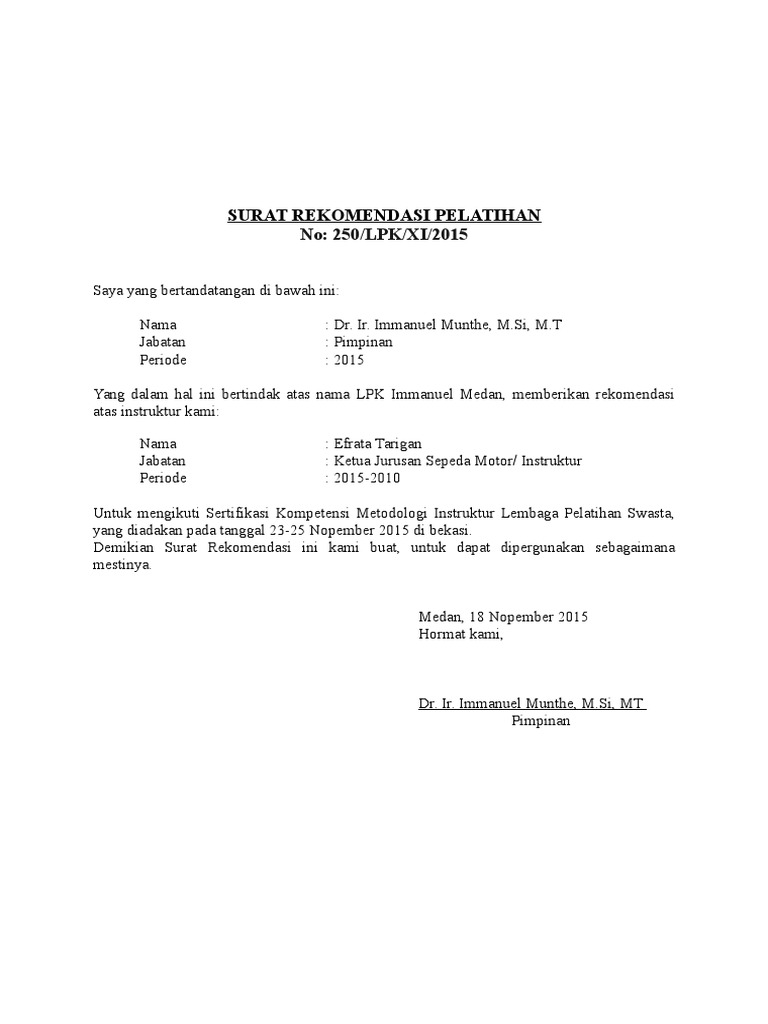Surat Rekomendasi Pelatihan Instruktur | PDF
