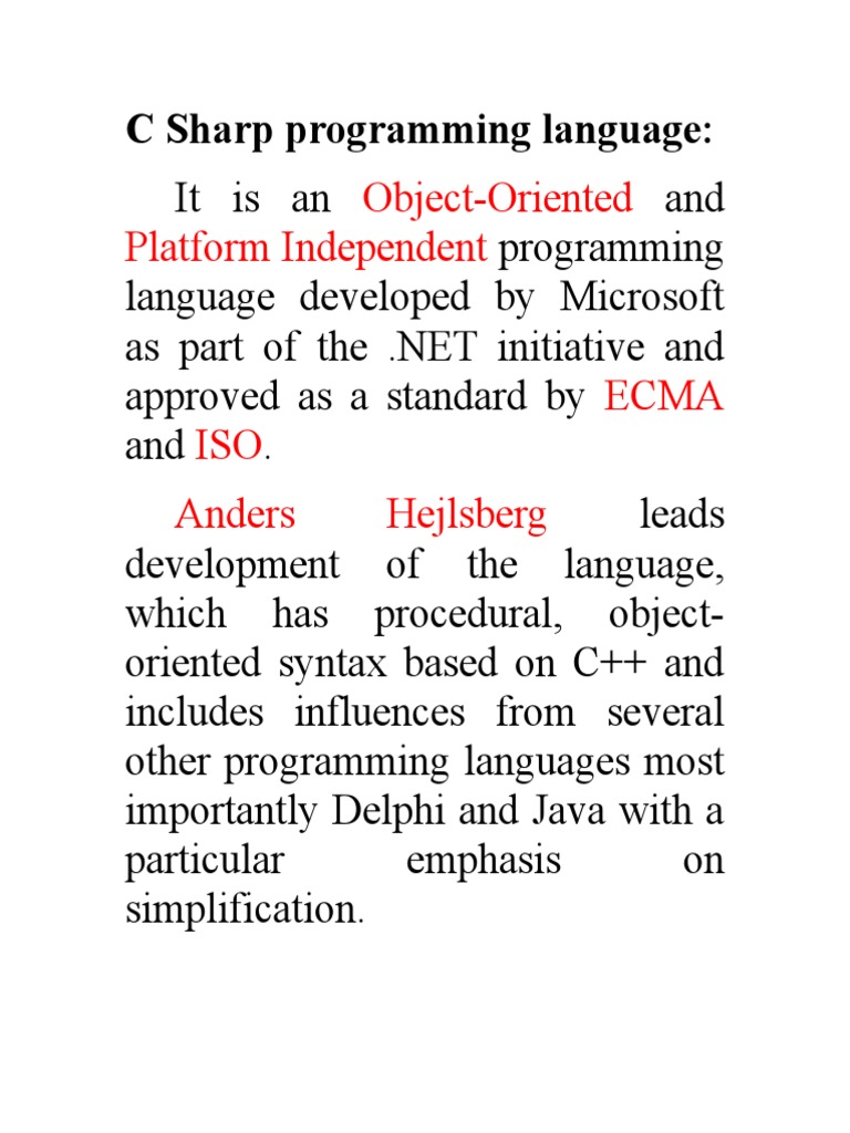 Object-Oriented Platform Independent: C Sharp Programming Language | PDF