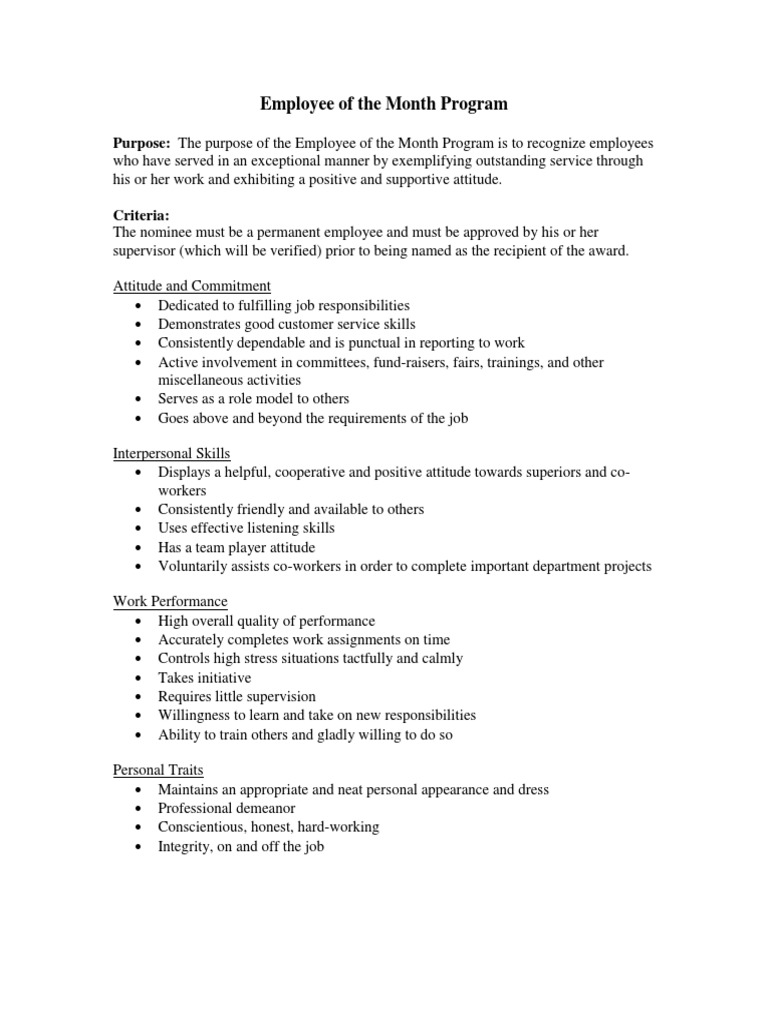 Employee Of The Month Program Criteria Pdf Employment Behavioural Sciences