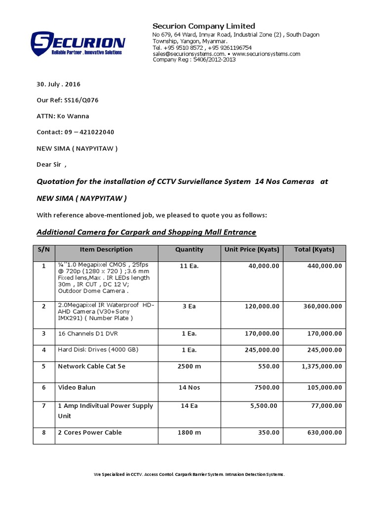 Quotation For The Installation of CCTV Surviellance System 14 Nos