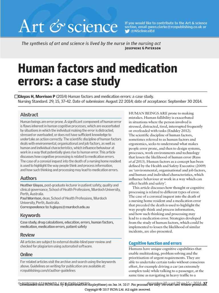 Human Factors and Medication Errors a Case Study Patient Safety