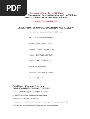 Restaurant Example HACCP Plan