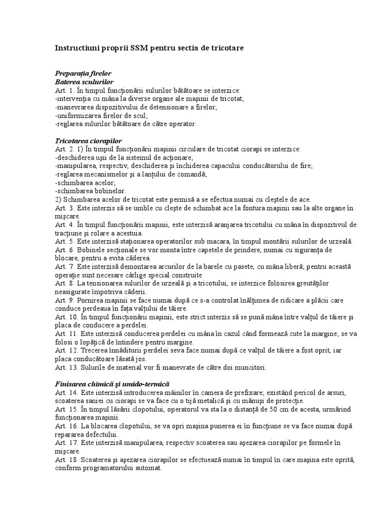 Instructiuni Proprii SSM Pentru Sectia de Tricotare | PDF