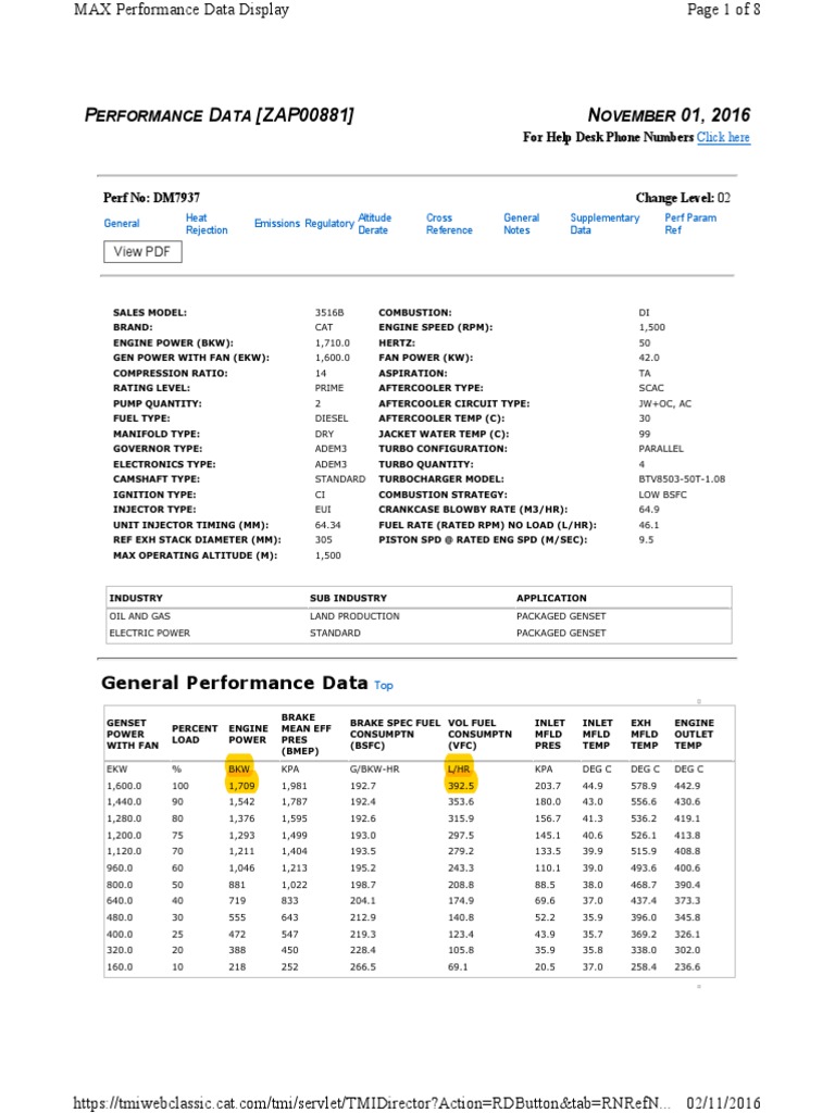 2000 KVA Caterpillar 3516 Gen Set Data Sheet Diesel Engine Turbocharger
