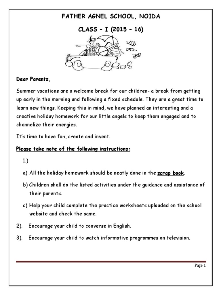 Class 1 Holiday Homework 2015 - 16 | PDF | Language Arts & Discipline ...