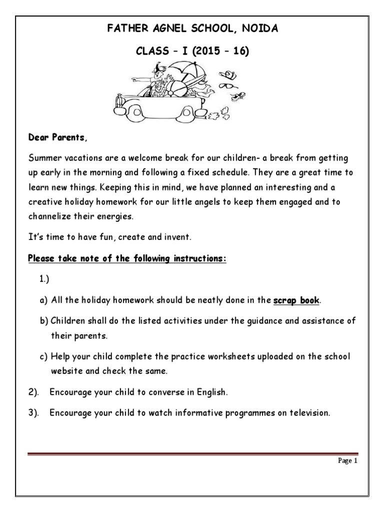 holiday homework for class 1