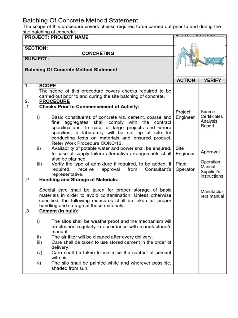 Batching of concrete method statement construction aggregate concrete