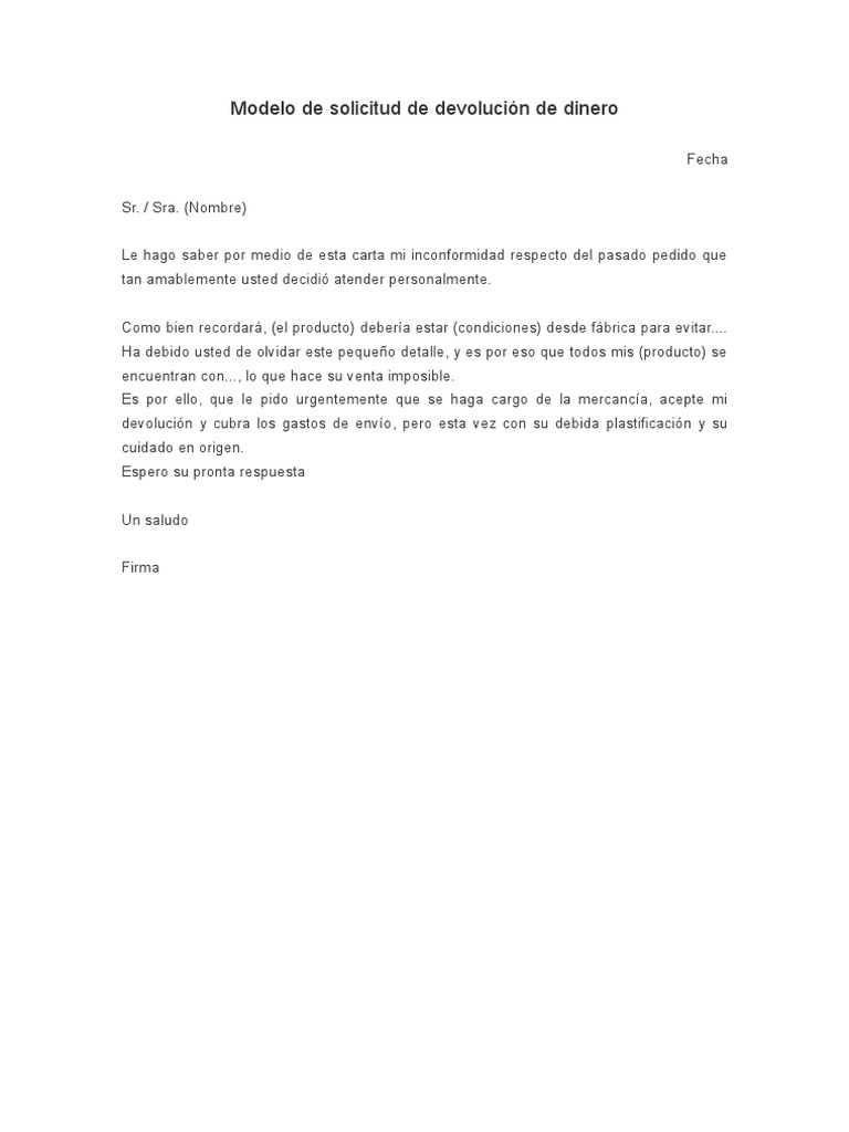 Modelo de Solicitud de Devolucion de Dinero